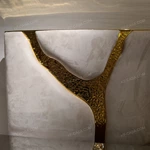 Light Beige Upholstered Bed with Artistic Gold Accents & Coordinated Bench